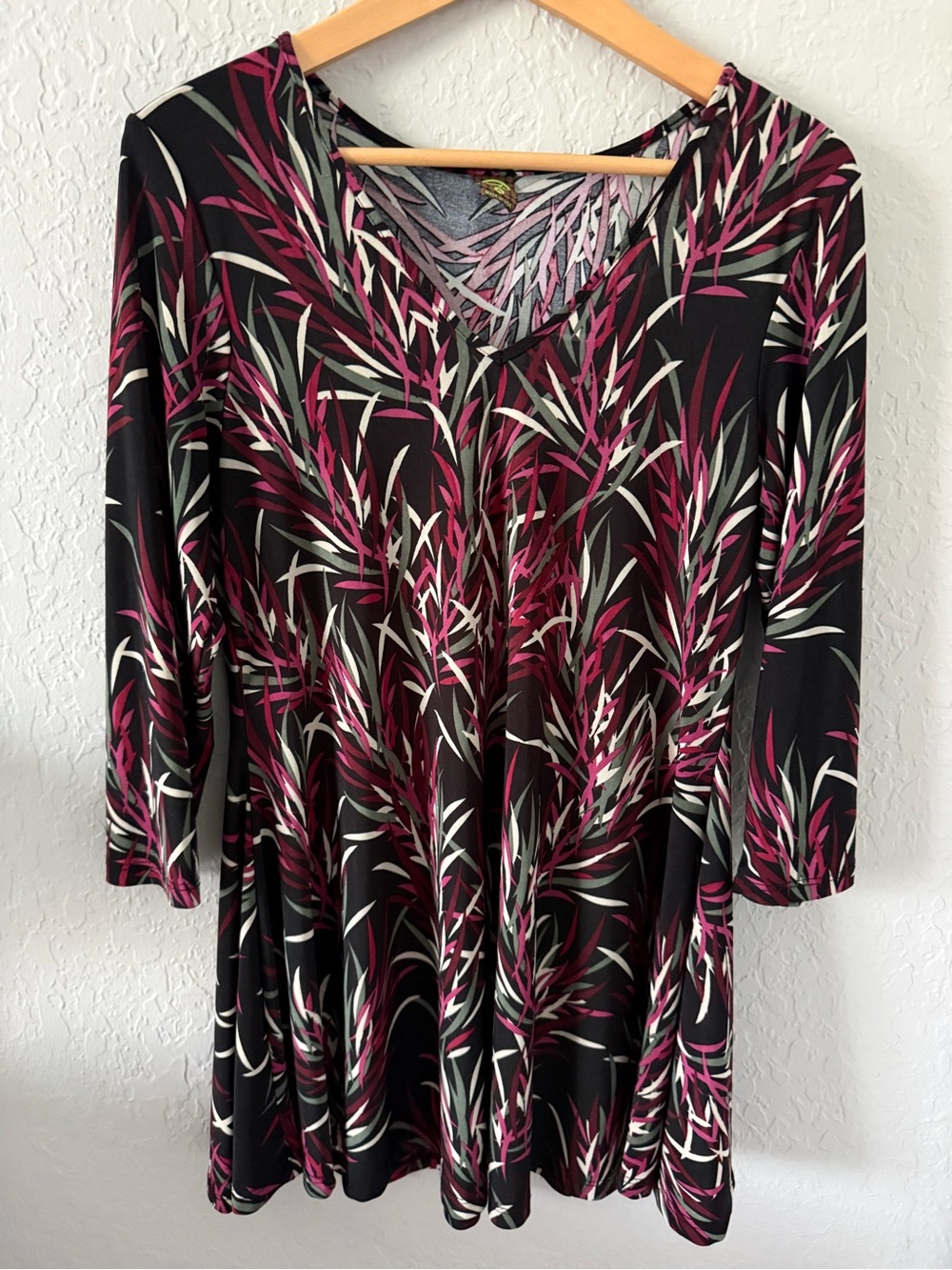V-Neck Black Tunic Top with Magenta and Cream Leaf Print